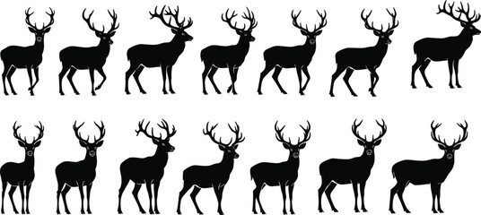 Silhouettes of majestic deer with large antlers standing and walking, wildlife nature scene