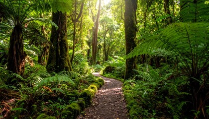 Fototapeta premium Sunlit path winds through lush, mossy rainforest