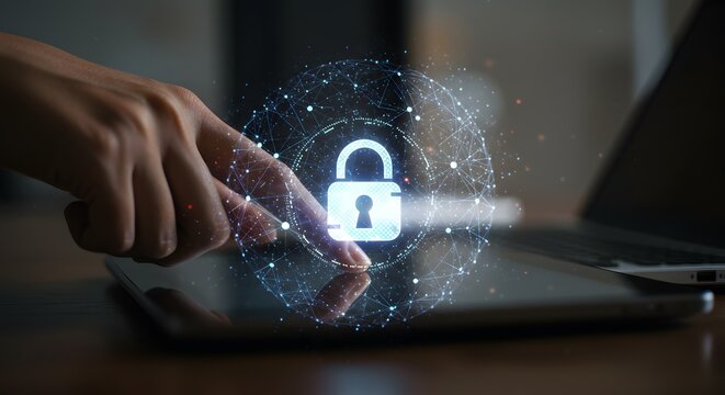 Data Security on Tablet: Finger Touching Digital Lock Icon