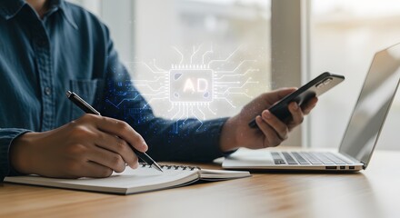 Digital Marketing Strategy: Man Analyzing Data on Phone and Notebook