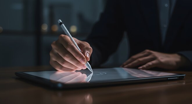Digital Signature on Tablet with Stylus Pen, Business Concept