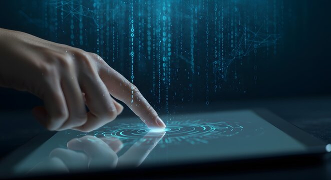 Digital Technology Interaction: Hand Touching Tablet with Binary Code Overlay