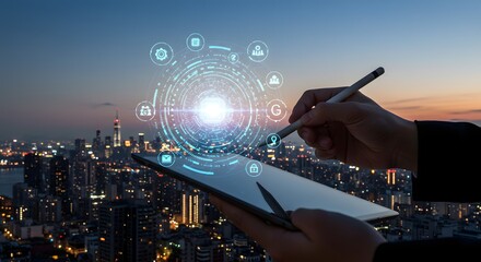 Digital Transformation: Tablet with Hologram Overlay Over Cityscape
