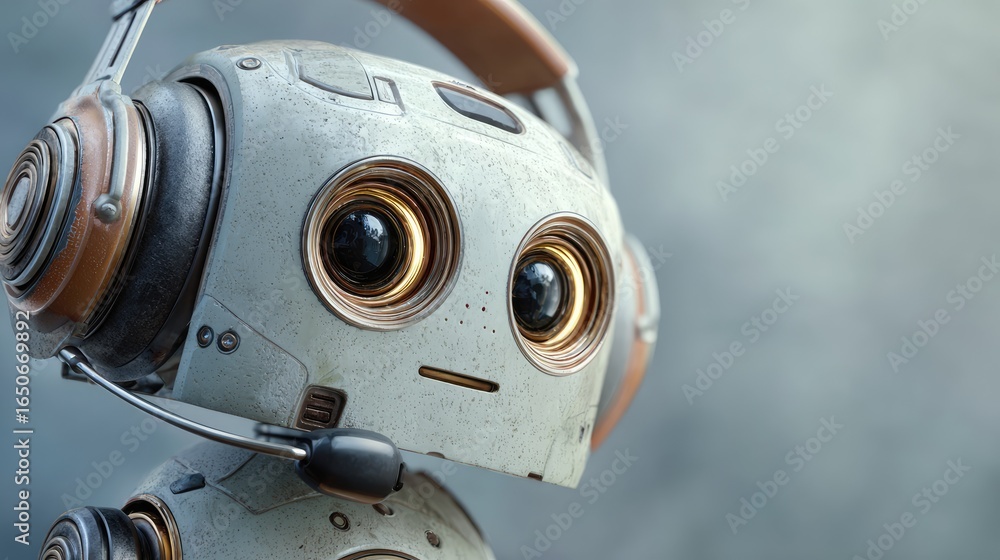 Poster a close-up of a charming robot with a headset on, its large eyes expressing curiosity and intelligen