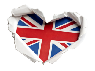 Heart shaped hole torn through paper showing satin texture of flag of United Kingdom, isolated on wh
