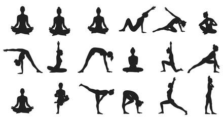 Various yoga poses in black silhouette on white background