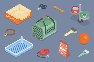Pets accessories. Carrying bag, bed, nail clipper, feed, toys, balls, collar and toilet for dogs. 3d flat isometric vector illustration.