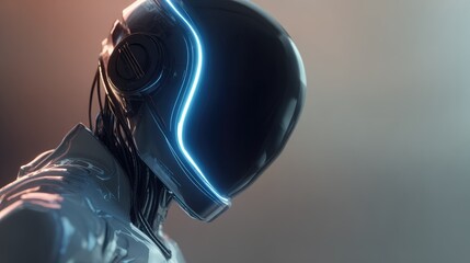 Naklejka premium A futuristic cyborg with a glowing blue light is seen against an orange and grey backdrop. The image evokes a sense of technology and advanced concept.