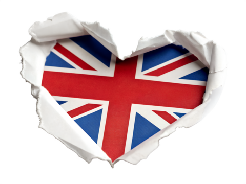 Heart shaped hole torn through paper showing satin texture of flag of United Kingdom, isolated on wh
