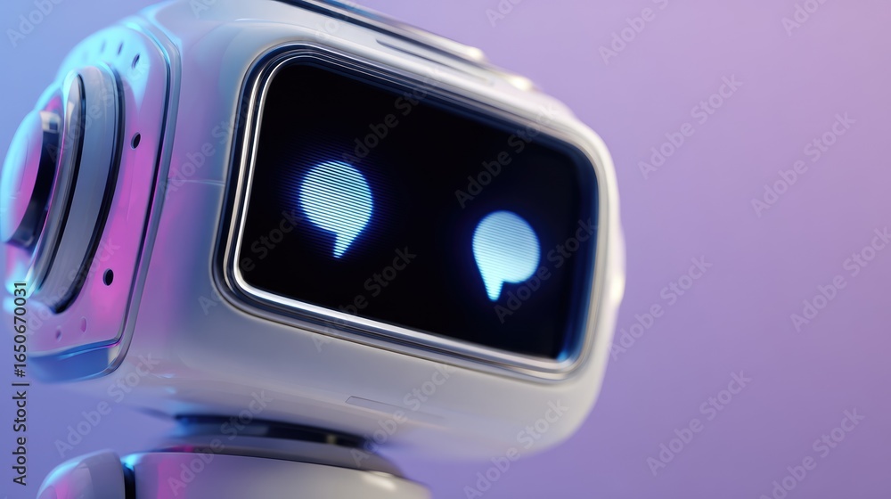 Poster a futuristic-looking robot with a screen displaying chat bubbles, signaling communication and intera