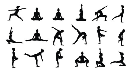 Black silhouettes of various yoga poses on white background