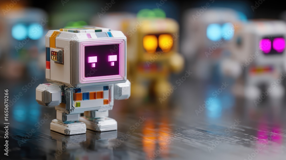 Poster an array of toy robots of different colors with glowing face