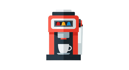 Fototapeta premium Stylized red coffee machine with a white cup for a morning beverage. Flat design vector illustration of a kitchen appliance isolated on a white background.