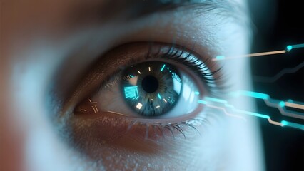 Close-up of a human eye with digital data streams overlaying the iris, suggesting advanced technology integration.