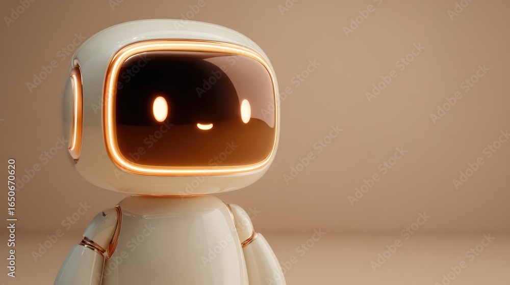 Poster a friendly and futuristic robot with a cheerful expression