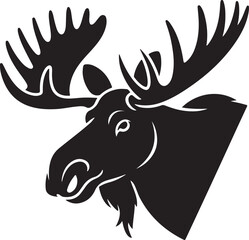 Black silhouette illustration of a moose head with large antlers on a white background animal wildlife