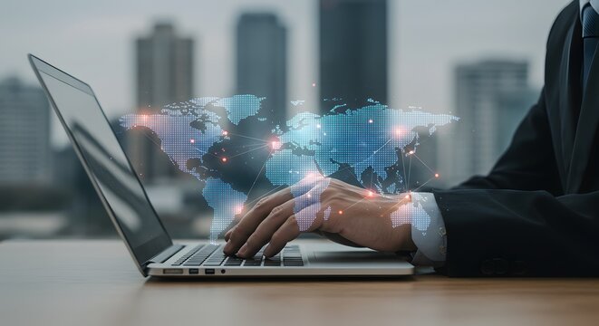 Global Business Network: Businessman Working on Laptop with World Map Overlay - Powered by Adobe