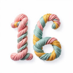 The number 16 is creatively made from twisted yarn in pastel shades, perfect for a birthday card.