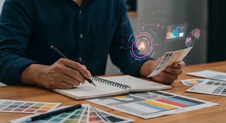 Graphic Designer Working with Color Palettes and Digital Interface