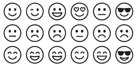 Collection of Black Line Art Emojis Showing Various Emotions