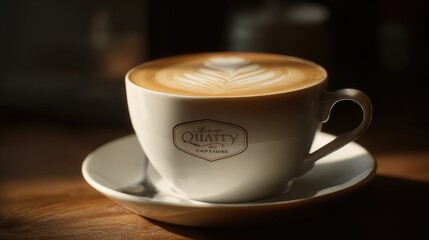 Fototapeta premium A coffee cup with artistic foam art, creating a cozy, warm atmosphere. It is a close-up shot that highlights the detail