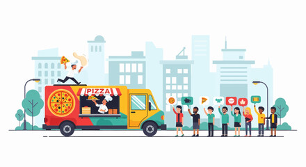 Modern Urban Life Popular Pizza Food Truck Serving Customers with Digital Social Media Engagement and Efficient Service in a Lively City Street Setting.