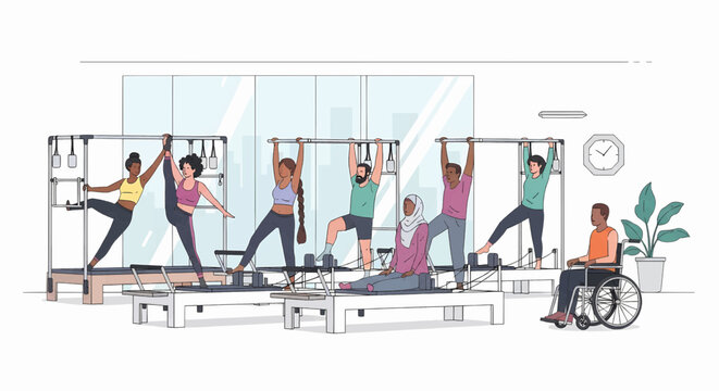 Diverse group of people enjoying a Pilates class together in a modern studio, promoting inclusivity and wellness.