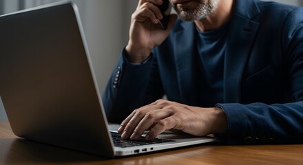 Mature Businessman Working on Laptop and Talking on Phone
