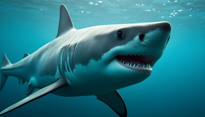 Great blue shark in the Sea, Great white shark, close-up of a great white shark swimming through clear ocean water,