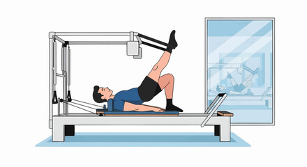 Man doing a single leg bridge exercise on a reformer machine for core strengthening. Mind-body fitness and wellness concept.