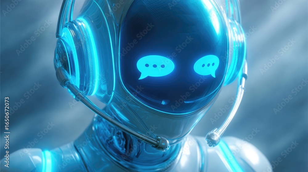 Poster a futuristic robot with a headset, displaying chat bubbles on its face, looking forward with curiosi