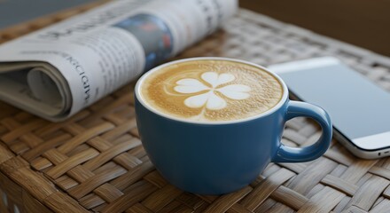 Morning Coffee with Latte Art, Newspaper and Smartphone