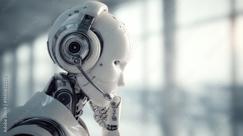 Poster a robot with headset, contemplating the future in a futuristic setting. this image features a close-