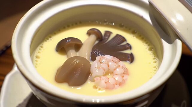 Exquisite Close Up of Japanese Chawanmushi Featuring Savory Egg Custard with Mushrooms and Prawns Presented in a Classic Ceramic Bowl Perfect for Culinary Themed Visuals and Dining Illustrations
