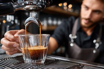 Skilled barista preparing a fresh cup of espresso in a modern coffee shop