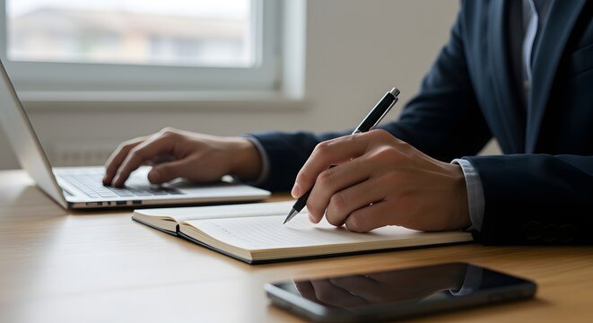 Professional at Work: Laptop, Notebook and Phone on Desk