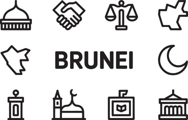 Brunei Government Outline with Handshake, Justice Scale, Mosque, and Crescent Icons Vector