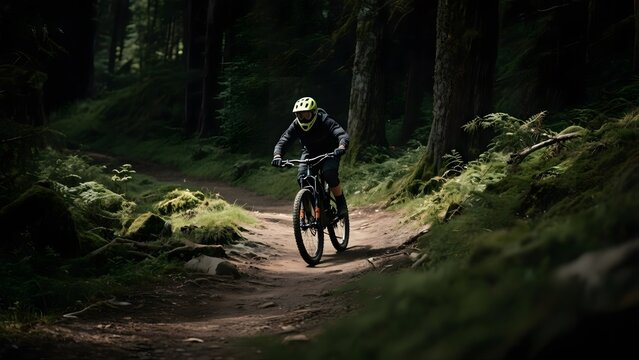 Cyclist riding a mountain bike through a forest trail