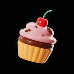 Sweet Treat Delight: A delectable, vibrantly colored cupcake, topped with a luscious swirl of pink frosting, chocolate sprinkles, and a cherry, is set against a contrasting backdrop