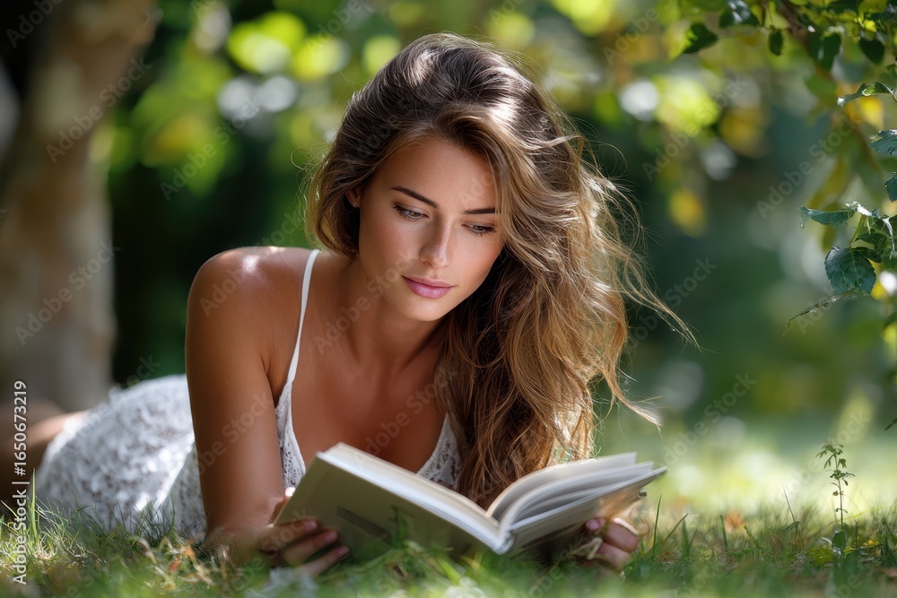 Poster reading a book while lying on grass under a tree in a sunny garden setting