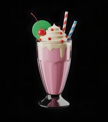 Delectable Dream: A luscious strawberry milkshake, topped with whipped cream, a cherry, and two whimsical straws, exudes a playful charm against a contrasting backdrop.