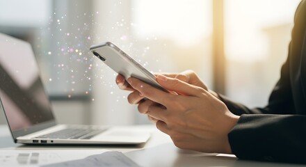 Woman using smartphone with laptop in office