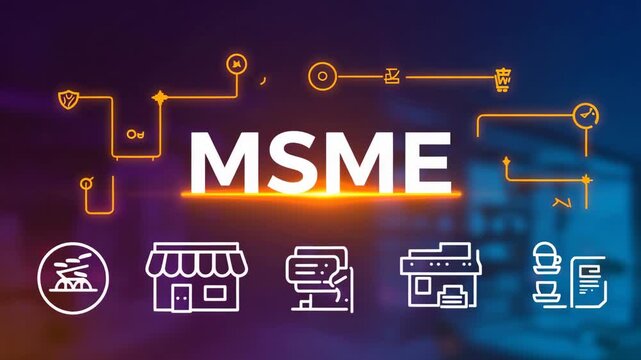 The icons include a store, a building. Infographic title &ldquo;MSME&rdquo; with retail store, cafe, and vendor icons arranged below, minimal corporate palette