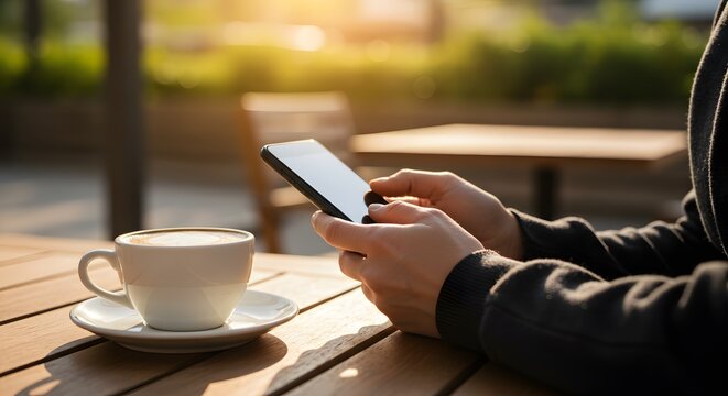 Woman Using Smartphone with Coffee at Outdoor Cafe
