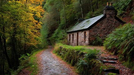 Autumnal cabin nestled in a forest