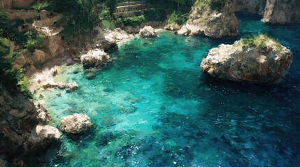 Obraz premium Coastal cove, turquoise water, rocky shore