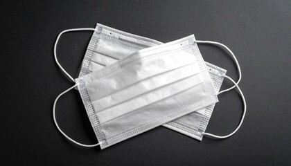 White disposable face mask with pleats and elastic ear loops placed on a dark surface