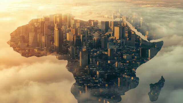 Cityscape within outline of African continent, surrounded by clouds