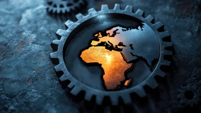 Illuminated Africa in gear symbolizing industrial progress