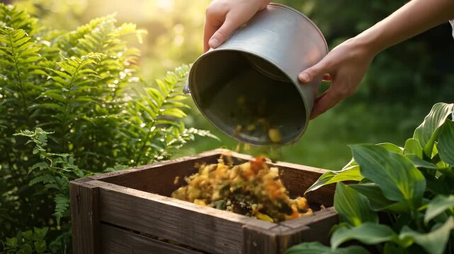 Hands composting food waste in garden